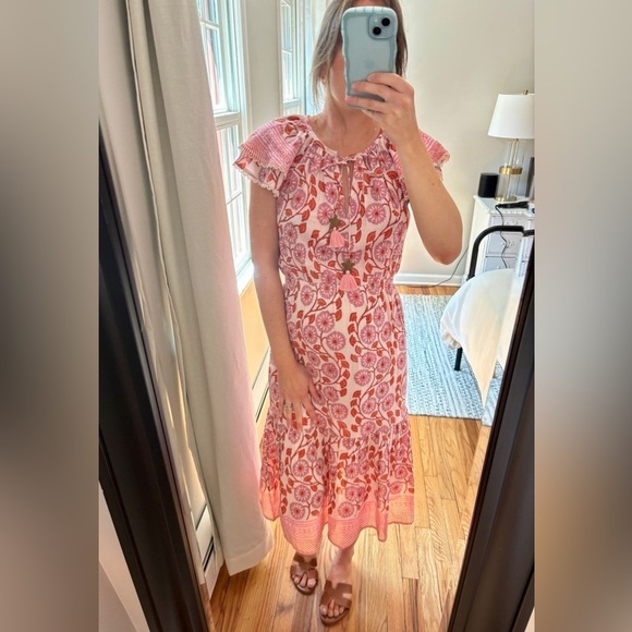 BELL by Alicia Bell Flutter Sleeve Midi Dress in Pink Orange Block, Small - Picture 5 of 8